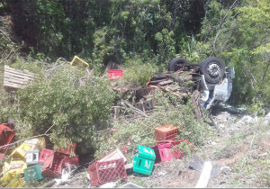 Bombeiros atendem capotamento de caminhão na PR 151