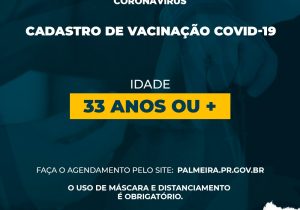 Aberto agendamento online para vacinação contra a Covid-19 para pessoas com 33 anos ou mais