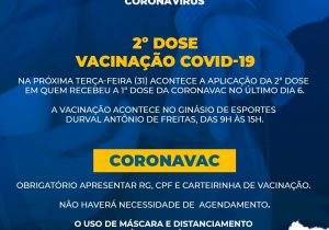 SMS realiza vacinação da 2ª dose da Coronavac na próxima terça-feira (31)