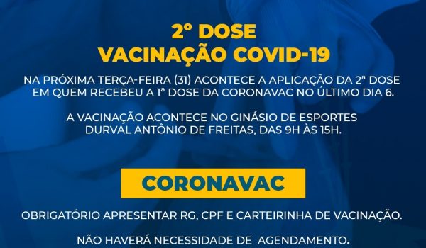 SMS realiza vacinação da 2ª dose da Coronavac na próxima terça-feira (31)