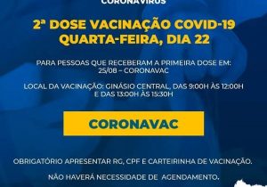 SMS disponibiliza 2º dose de vacina coronavac para vacinados em 25 de agosto