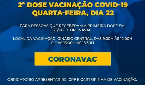 SMS disponibiliza 2º dose de vacina coronavac para vacinados em 25 de agosto