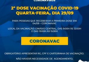 SMS divulga vacinação de 2º dose da Coronavac para quem tomou a 1º em 04 de setembro
