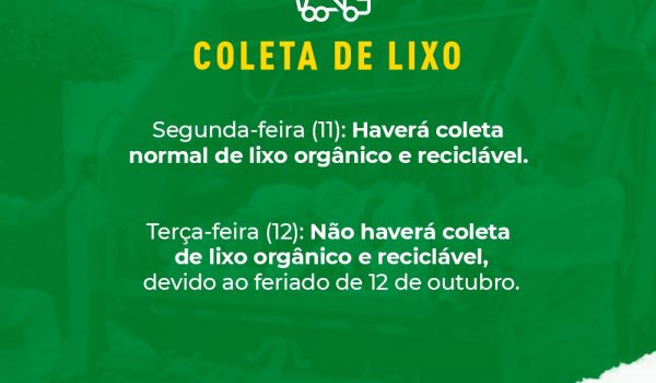 No feriado de 12 de Outubro não haverá coleta de lixo na cidade