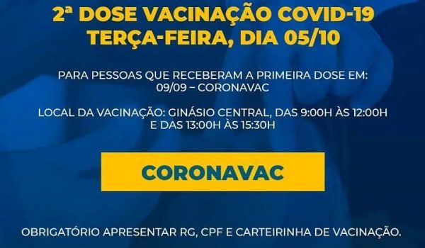 Aplicação da 2ª dose contra a Covid-19 acontece hoje (05)