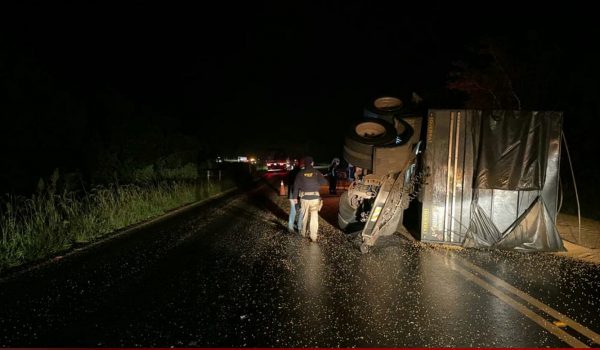 PRF atende acidente envolvendo caminhão carregado de milho e van na BR 277, em Palmeira