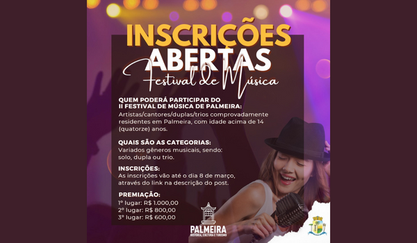 Inscrições para o II Festival de Música de Palmeira encerram nesta quarta-feira (08)