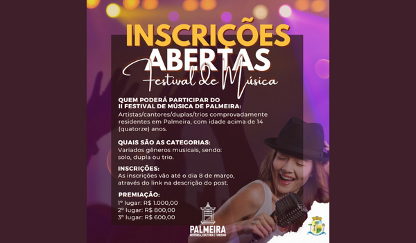 Prefeitura de Palmeira promove o II Festival de Música com inscrições até 8 de março