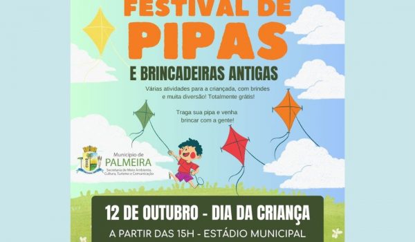 Prefeitura realizará 'Festival de Pipas e Brincadeiras Tradicionais' no dia 12 de outubro