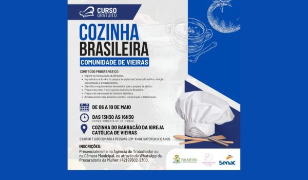Abertas as inscrições para o curso gratuito de Cozinha Brasileira na localidade de Vieiras