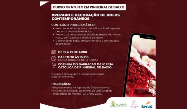 Curso gratuito de preparo e decoração de bolos contemporâneos acontecerá em Pinheiral de Baixo