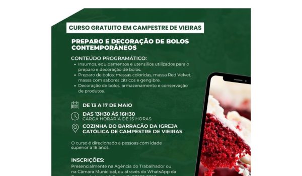 Abertas as inscrições para curso de preparo e decoração de bolos em Campestre de Vieiras