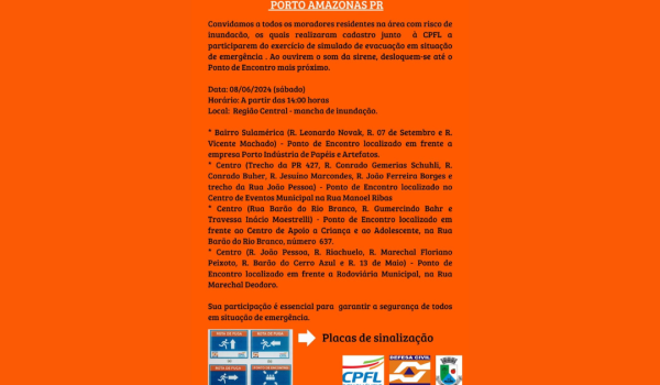 Prefeitura de Porto Amazonas realizará simulado de evacuação no sábado (08)