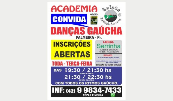 Aulas de danças gaúchas iniciam na terça-feira (04) na Serrinha Lazer e Eventos