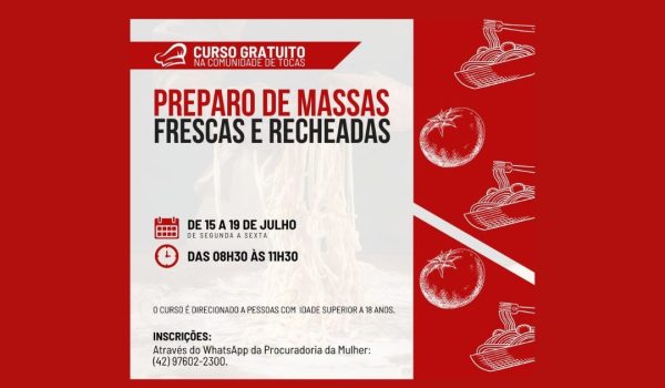 Prefeitura oferece curso gratuito de preparo de massas frescas na Comunidade de Tocas