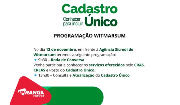 Programação especial do CadÚnico em Witmarsum acontece nesta quarta-feira (13)