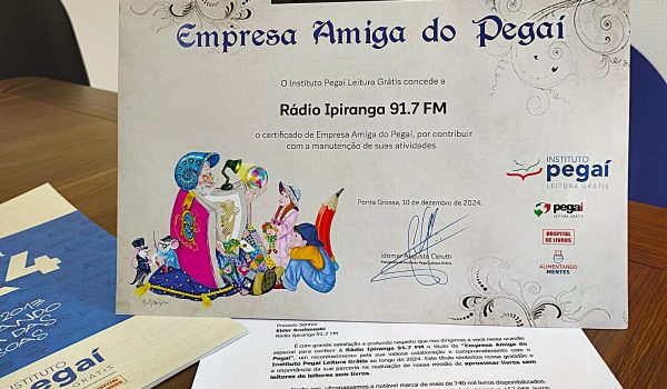 Rádio Ipiranga recebe certificado como 'Empresa Amiga do Pegaí Leitura Grátis'