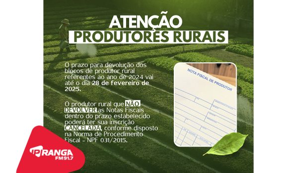 Prefeitura de Palmeira alerta para prazo de devolução dos blocos de Produtor Rural