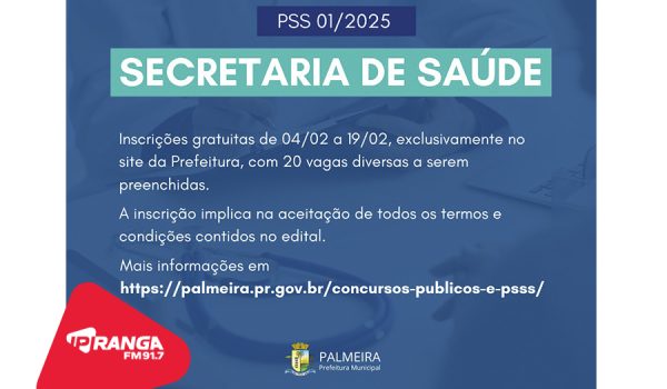 Secretaria de Saúde divulga edital de abertura de PSS com diversos cargos, inscrições começam no dia 4